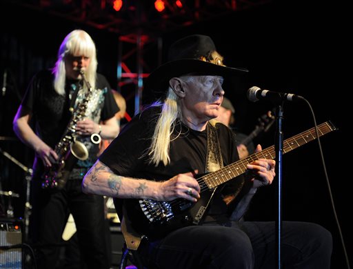 In this Aug. 26, 2012 file photo, Johnny Winter, right, and Edgar Winter perform during Hippiefest at the Seminole Coconut Creek Casino in Coconut Creek, Fla. Winter died in a hotel room just outside Zurich at age 70 in July 2014. AP