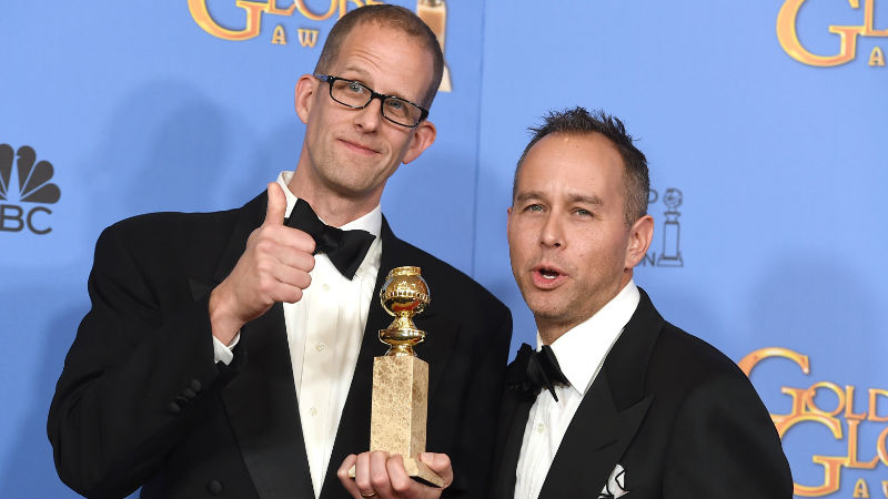 Pete Docter, left, and Jonas Rivera pose in the press room with the award for best motion picture - animated for “Inside Out” at the 73rd annual Golden Globe Awards on Sunday, Jan. 10, 2016, at the Beverly Hilton Hotel in Beverly Hills, Calif. (Photo by Jordan Strauss/Invision/AP)