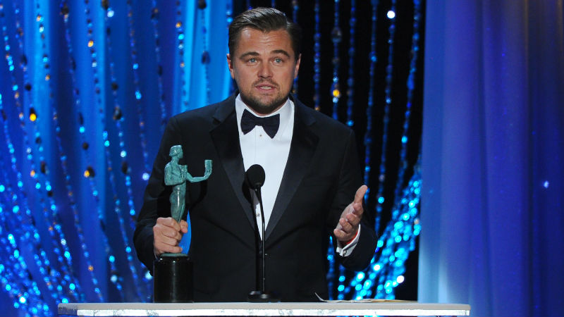 Leonardo DiCaprio accepts the award for outstanding male actor in a leading role for “The Revenant” at the 22nd annual Screen Actors Guild Awards at the Shrine Auditorium & Expo Hall on Saturday, Jan. 30, 2016, in Los Angeles. (Photo by Vince Bucci/Invision/AP)