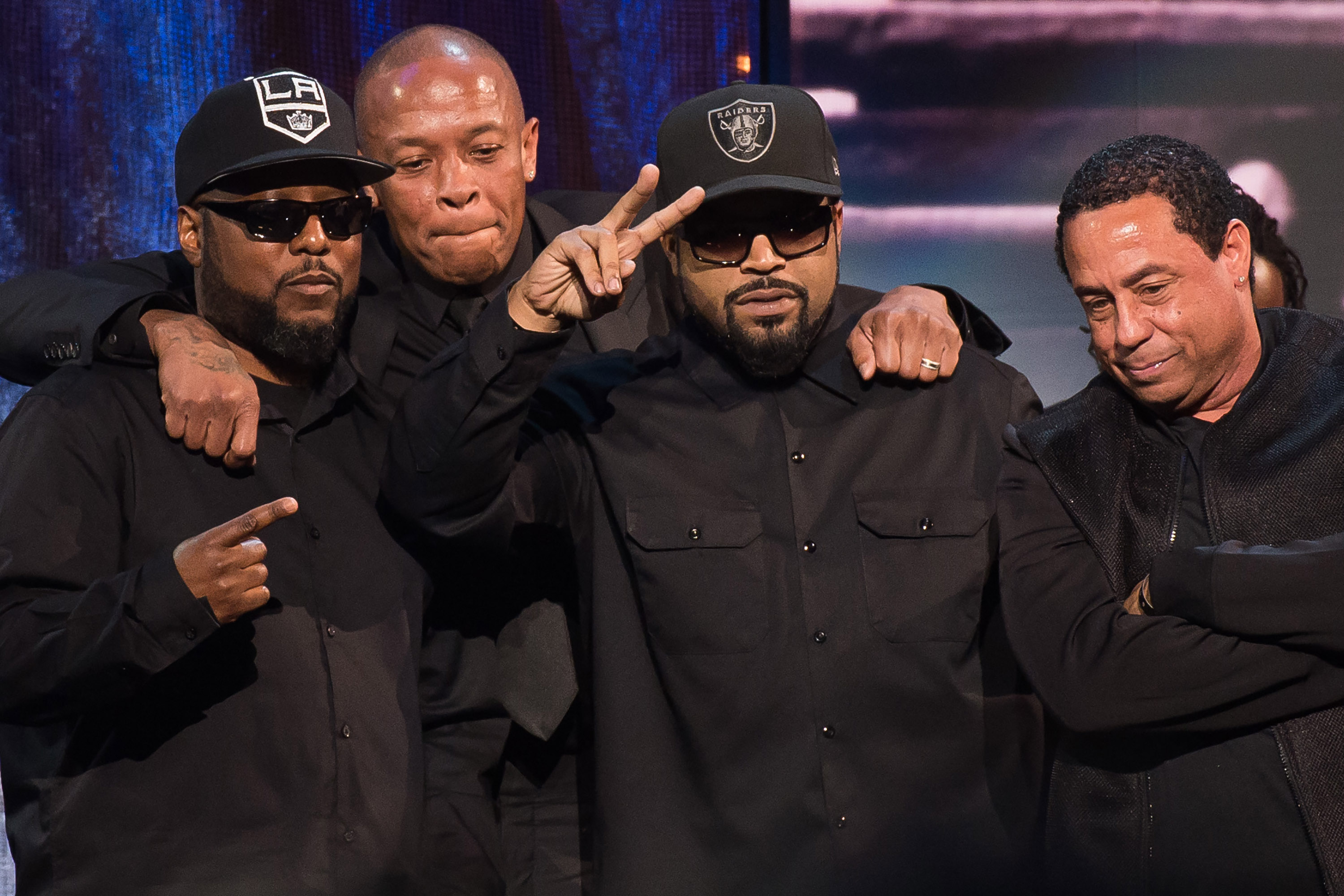 Inductees MC Ren, from left, Dr. Dre, Ice Cube and DJ Yella from N.W.A appear at the 31st Annual Rock and Roll Hall of Fame Induction Ceremony at the Barclays Center on Friday, April 8, 2016, in New York. (Photo by Charles Sykes/Invision/AP)