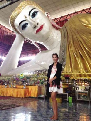 MISS International 2013 Bea Rose Santiago recently visited Myanmar (she’s seen in photo with the Chaukhtatgyi Buddha, a Yangon landmark) to be a judge at the Miss Myanmar International 2014 pageant. The title went to 18-year-old Kin Wai Phyo Han.