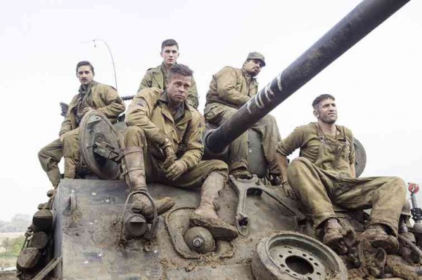 “FURY” tank men (from left): Shia LaBeouf, Pitt, Logan Lerman, Michael Peña and Jon Bernthal 