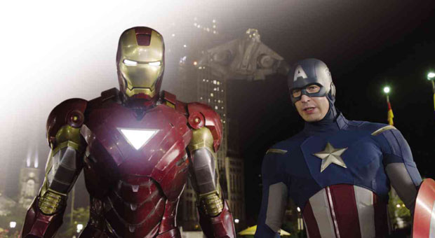 IRON Man and Captain America (played by Robert Downey Jr. and Chris Evans, respectively) in a scene from “The Avengers”     photo: AP Photo/Disney