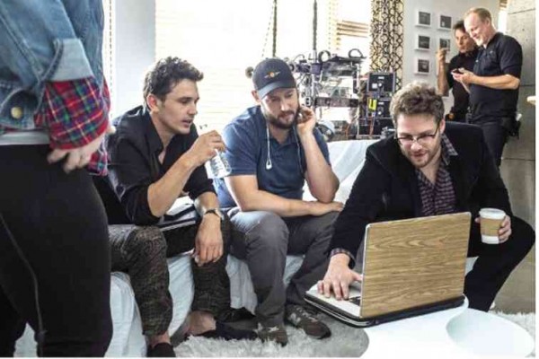 FROM left: James Franco, Evan Goldberg and Seth Rogen on the set of “The Interview.” imdb photos 