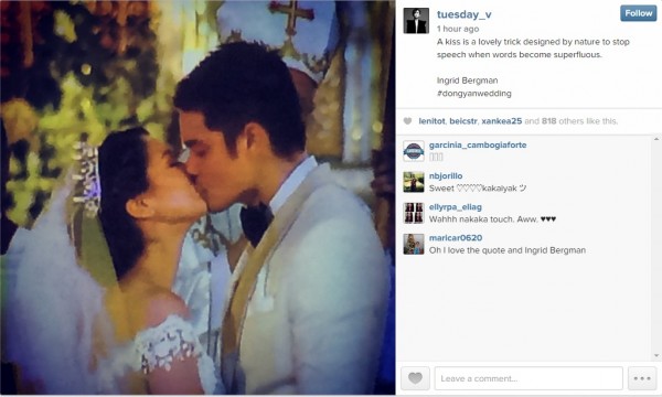 SEALING IT WITH A KISS. Actors Dingdong Dantes and Marian Rivera got married on Tuesday afternoon. Screen grab from Tuesday Vargas' Instagram account. 