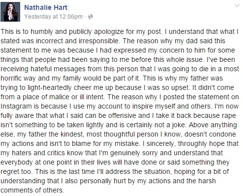 Screen grab from Nathalie Hart's Facebook account.  
