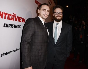 In this Dec. 11, 2014 file photo, actors Seth Rogen, right, and James Franco attend the premiere of the Sony Pictures' film "The Interview" in Los Angeles. AP