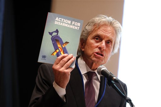  In this Tuesday, April 15, 2014 file photo, actor Michael Douglas speaks during a launch event for a book entitled "Action for Disarmament: 10 Things You Can Do!" at the United Nations headquarters. AP 
