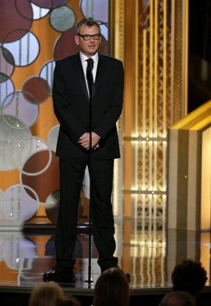 In this image released by NBC, Theo Kingma, President of the Hollywood Foreign Press Association, speaks at the 72nd Annual Golden Globe Awards on Sunday, Jan. 11, 2015, at the Beverly Hilton Hotel in Beverly Hills, Calif. AP 
