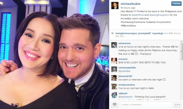 Michael Buble (right) takes a selfie with Kris Aquino. Screengrab from Buble's Instagram account