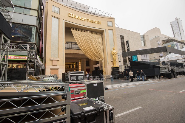 Preparations are underway for the 87th annual Academy Awards on Hollywood Blvd. at the Dolby Theatre on Wednesday, Feb. 18, 2015, in Los Angeles. The Oscars are held on Sunday, Feb. 22. (Photo by Rob Latour/Invision/AP)