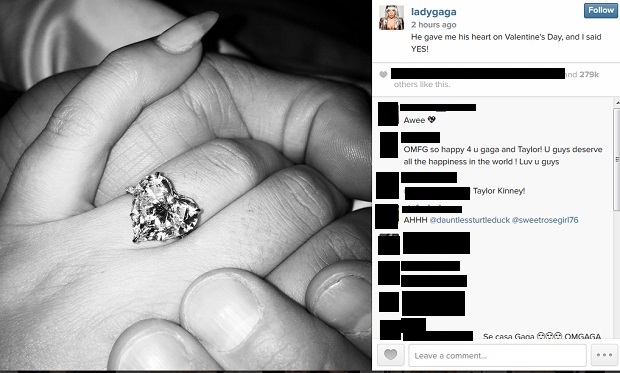 Singer Lady Gaga posts a picture of the engagement ring that she says US actor Taylor Kinney gave her. Lady Gaga accompanied it with the caption: "He gave me his heart on Valentine's Day, and I said YES!" INSTAGRAM SCREENGRAB