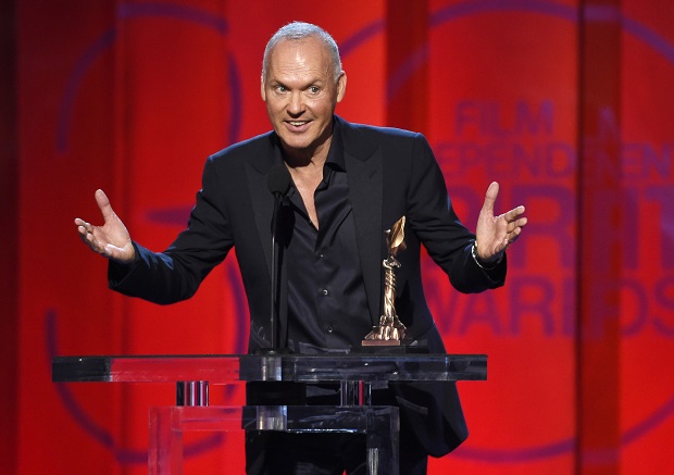 Michael Keaton accepts the award for best male lead for “Birdman or (The Unexpected Virtue of Ignorance)” at the 30th Film Independent Spirit Awards on Saturday, Feb. 21, 2015, in Santa Monica, Calif. (Photo by Chris Pizzello/Invision/AP)