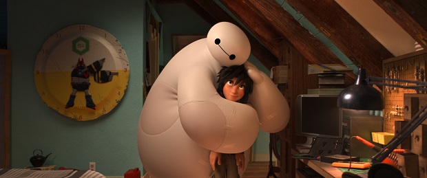 This image released by Disney shows animated characters Hiro Hamada, voiced by Ryan Potter, right, and Baymax, voiced by Scott Adsit, in a scene from "Big Hero 6."  The film is nominated for an Oscar for best animated feature. The 87th annual Academy Awards will be presented on Sunday, Feb. 22, 2015, in Los Angeles. (AP Photo/Disney)
