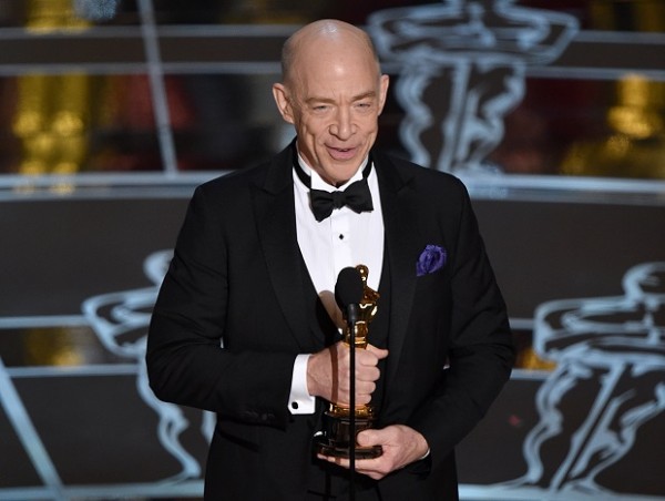 J.K. Simmons accepts the award for best actor in a supporting role for “Whiplash” at the Oscars on Sunday, Feb. 22, 2015, at the Dolby Theatre in Los Angeles. (Photo by John Shearer/Invision/AP)