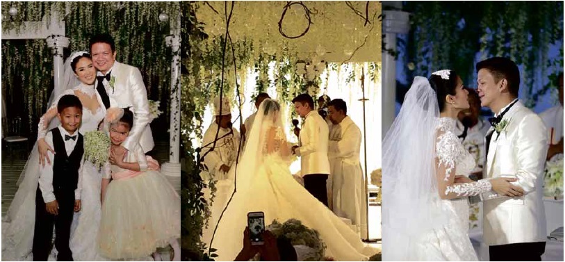 SENATOR and Mrs. Escudero (from left) with his twin kids Joaquin and Cecilia, saying their vows, and about to seal it with a kiss. Photos by PAT DY