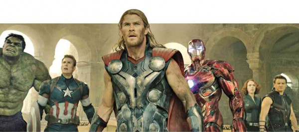 “AVENGERS: Age of Ultron” stars (from left) Mark Ruffalo, Chris Evans, Chris Hemsworth, Robert Downey Jr., Scarlett Johansson and Jeremy Renner
