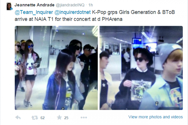 K-Pop groups Girls' Generation and BTOB arrived in Manila for Best of Best in the Philippines K-Pop concert (Screen grab from Jeannette Andrade's Twitter Account)