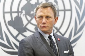 In this photo provided by the United Nations, actor Daniel Craig appears at United Nations Headquarters, were he was designated a UN Global Advocate for the Elimination of Mines and Explosive Hazards, Tuesday, April 14, 2015. AP PHOTO