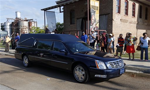 The hearse with the casket bearing the body of blues legend B.B. King leaves the B.B. King Museum and Delta Interpretive Center after a day of public viewing, Friday, May 29, 2015 in Indianola, Miss. The visitation comes a day before the funeral for the man who influenced generations of singers and guitarists. AP