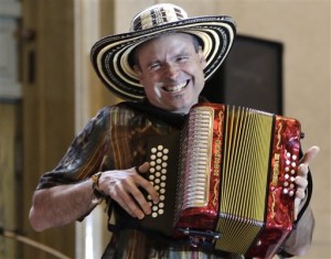 Phil "Felipe" Passantino, leader of the Viva Vallenato Accordion Band, auditions for judges in Grand Central Terminal's Vanderbilt Hall in New York, Tuesday, May 19, 2015. Passantino was among a group of about 70 potentials.  (AP Photo)