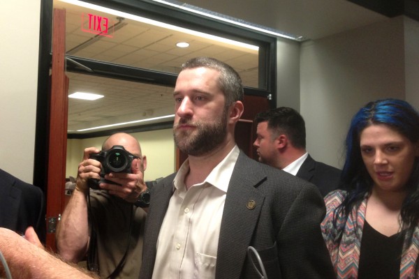In this May 29, 2015, file photo, television actor Dustin Diamond, center, leaves court in Port Washington, Wisc., after being convicted of two misdemeanors stemming from a barroom fight on Christmas Day 2014.  AP