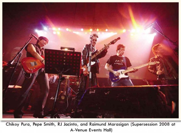 FROM left: Chikoy Pura, Pepe Smith, RJ Jacinto and Raymund Marasigan jammed onstage in the “Supersession 2008” at A-Venue Events Hall.
