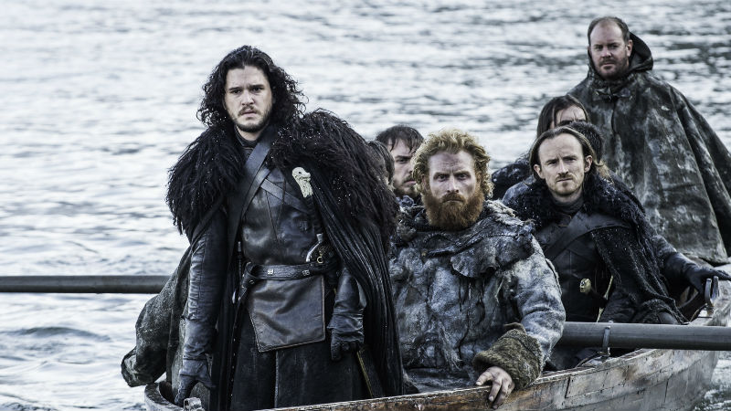 This image released by HBO shows Kit Harington as Jon Snow, left, in a scene from "Game of Thrones." The series was nominated for an Emmy Award on Thursday, July 16, 2015, for outstanding drama series. The 67th Annual Primetime Emmy Awards will take place on Sept. 20, 2015. (Helen Sloan/HBO via AP)