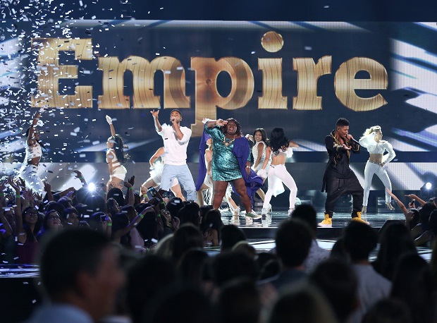 Jussie Smollett, from left, Gabourey Sidibe and Bryshere Y. Gray of the "Empire" cast perform at the Teen Choice Awards at the Galen Center on Sunday, Aug. 16, 2015, in Los Angeles. (Photo by Matt Sayles/Invision/AP)