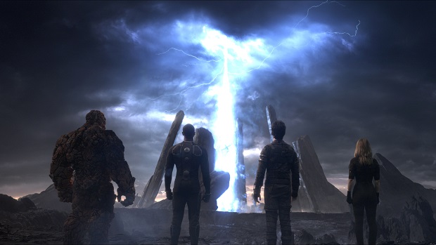 This photo provided by courtesy Twentieth Century Fox shows, The Thing, from left, Michael B. Jordan as Johnny Storm, Miles Teller as Dr. Reed Richards, and Kate Mara as Sue Storm, in a scene from the film, "Fantastic Four." The movie releases in U.S. theaters on Friday, Aug. 7, 2015. (Twentieth Century Fox via AP)