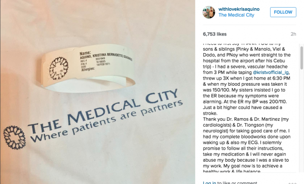 Actress Kris Aquino posts on her Instagram account an update of her health condition after suffering from "severe, vascular headache" Monday afternoon. 