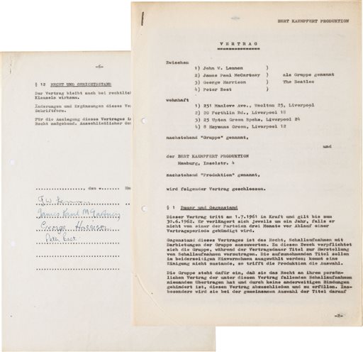This undated photo provided by Heritage Auctions from an upcoming Beatles collection sale shows the Beatles’ first recording contract, which was signed in Hamburg, Germany, where the band honed its craft performing in the city’s boisterous nightclub district.  It will be auctioned in New York on Sept. 19 and is part of a collection, spanning the band’s entire career, from the estate of Uwe Blaschke a noted German Beatles historian who died in 2010. (Heritage Auctions via AP)