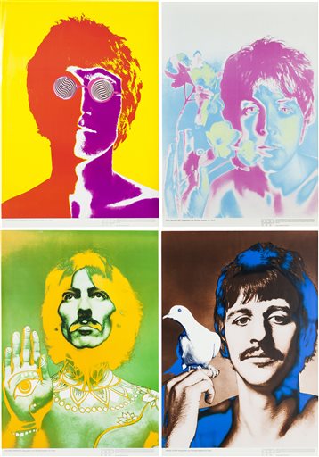 This undated photo provided by Heritage Auctions from an upcoming Beatles collection sale shows a set of four psychedelic posters by Richard Avedon commissioned by the German magazine Stern in 1966, which will be auctioned in New York on Sept. 19. The collection, spanning the band’s entire career, is from the estate of Uwe Blaschke a noted German Beatles historian who died in 2010. (Heritage Auctions via AP)