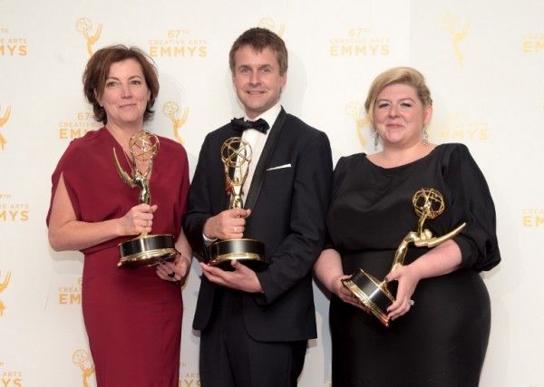  (L-R) Nina Gold, Robert Sterne, and Carla Stronge, winners of Oustanding Casting for a Drama Series for "Game of Thrones," pose in the press room during the 2015 Creative Arts Emmy Awards at Microsoft Theater on September 12, 2015 in Los Angeles, California.   Jason Kempin/Getty Images/AFP