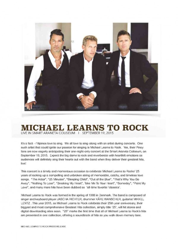 The men of the Danish pop band Michael Learns to Rock brought with them “a lot of unforgettable moments” from the last time they performed in Manila back in 2008. But for the group’s drummer, Kåre Wanscher, there was one thing that really stood out: The “wonderful” Filipino people’s voices.