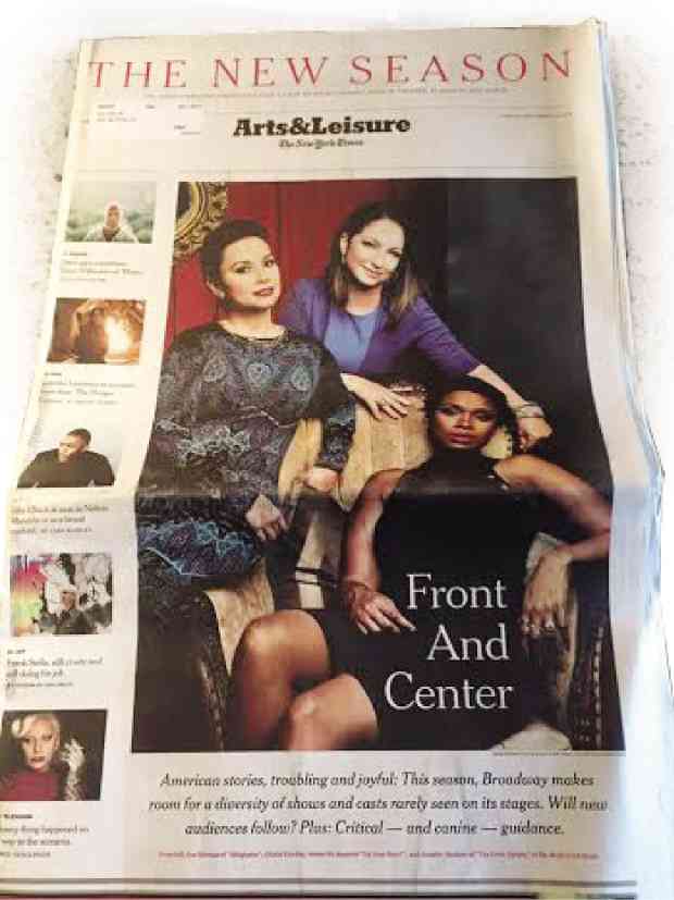 LEADING ladies (from left) the author and Tony winner Lea Salonga, Grammy awardee Gloria Estefan and Oscar honoree Jennifer Hudson on the cover of the Arts and Leisure section of the New York Times Jay Kuo’s Facebook