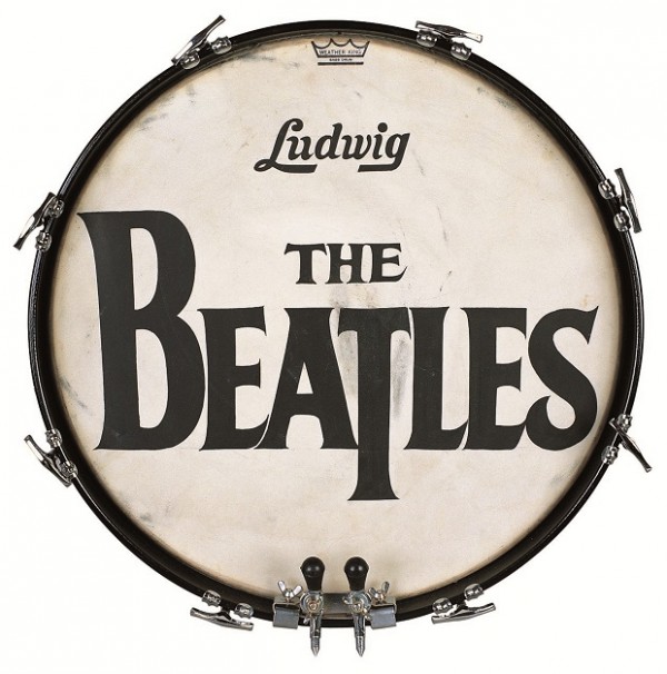 In this undated photo provided by Julien's Auctions, shows the Beatles' "T" logo drum head from the band's live American television debut on "The Ed Sullivan Show." The Beatles' Ludwig drum head sold at auction in Beverly Hills, Calif., Saturday, Nov. 7, 2015. (Julien's Auctions via AP)