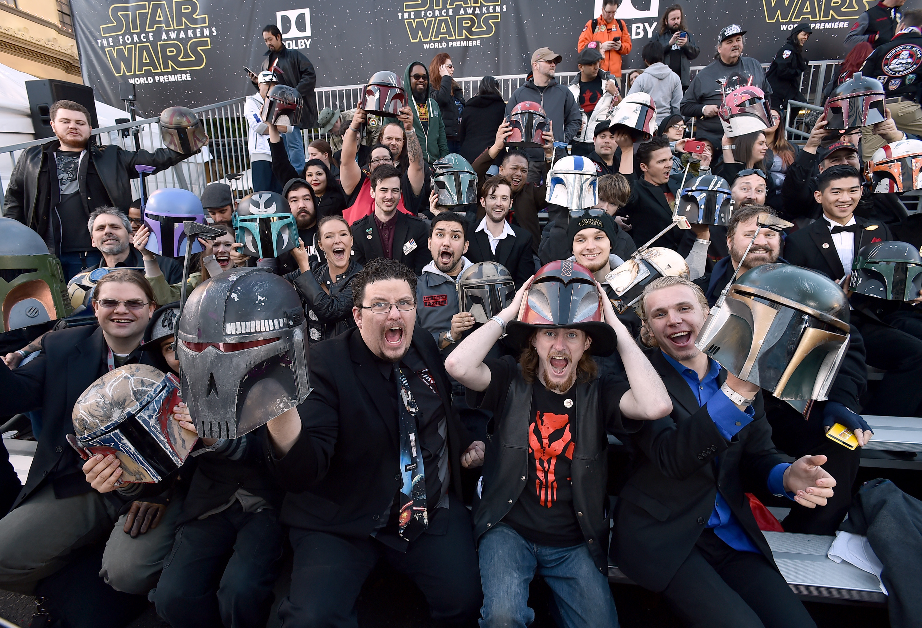 FILE - In this Monday, Dec. 14, 2015 file photo, fans cheer in the stands at world premiere of "Star Wars: The Force Awakens" at the TCL Chinese Theatre in Los Angeles. Early screenings of the film begin Thursday night, Dec. 17, 2015. (Photo by Jordan Strauss/Invision/AP, File)