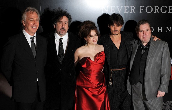 FILE - In this Jan. 10, 2008 file photo, from left to right,  British actor Alan Rickman, British director Tim Burton, British actress Helena Bonham Carter, US actor Johnny Depp and British actor  Timothy Spall pose for photographers,  at the premiere of Sweeney Todd: The Demon Barber of Fleet Street, in London. British actor Alan Rickman, whose career ranged from Britains Royal Shakespeare Company to the Harry Potter films, has died. He was 69.  Rickmans family said Thursday, Jan. 14, 2016 that the actor had died after a battle with cancer. (Joel Ryan/PA via AP, File) UNITED KINGDOM OUT NO SALES NO ARCHIVE