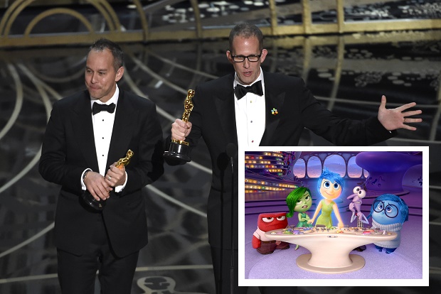 Jonas Rivera, left, and Pete Docter accept the award for best animated feature film for Inside Out" at the Oscars on Sunday, Feb. 28, 2016, at the Dolby Theatre in Los Angeles. (Photo by Chris Pizzello/Invision/AP)