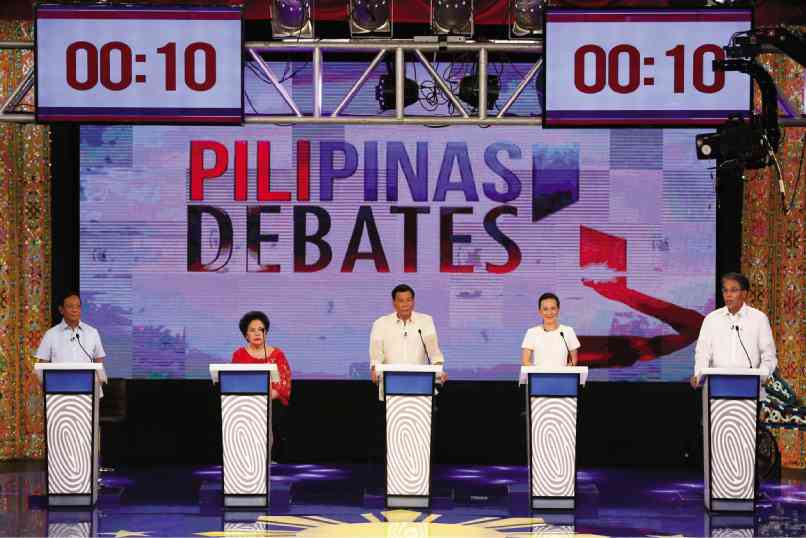 FROM left: Jejomar Binay, Miriam Defensor-Santiago, Rodrigo Duterte, Grace Poe and Mar Roxas           Lyn Rillon