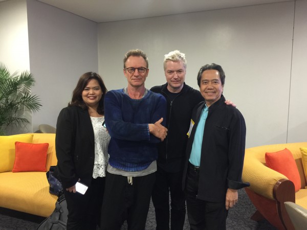 Photo shows Grammy Award-winning trumpeter and composer Chris Botti (3rd from left) and iconic singer-songwriter Sting (2nd from left) who arrived in the country yesterday (March 1) for their highly anticipated, one-night-only concert “Up Close and Personal” at the Marriott Grand Ballroom in Resorts World Manila. CONTRIBUTED PHOTO/Resorts World Manila