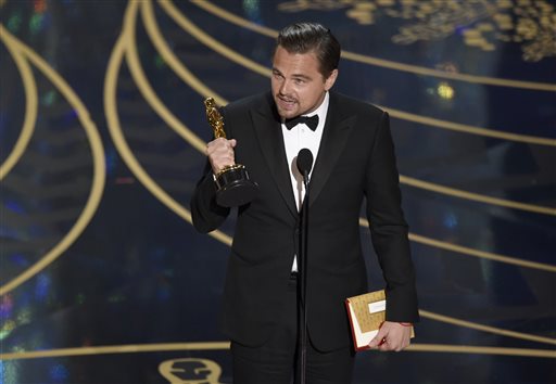 Leonardo DiCaprio accepts the award for best actor in a leading role for “The Revenant” at the Oscars on Sunday, Feb. 28, 2016, at the Dolby Theatre in Los Angeles. AP/INVISION PHOTO