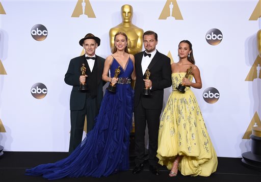Mark Rylance, winner of the award for best actor in a supporting role for "Bridge of Spies,"  from left, Brie Larson, winner of the award for best actress in a leading role for "Room", Leonardo DiCaprio, winner of the award for best actor in a leading role for "The Revenant", and Alicia Vikander, winner of the award for best actress in a supporting role for "The Danish Girl" pose in the press room at the Oscars on Sunday, Feb. 28, 2016, at the Dolby Theatre in Los Angeles. AP/INVISION PHOTO