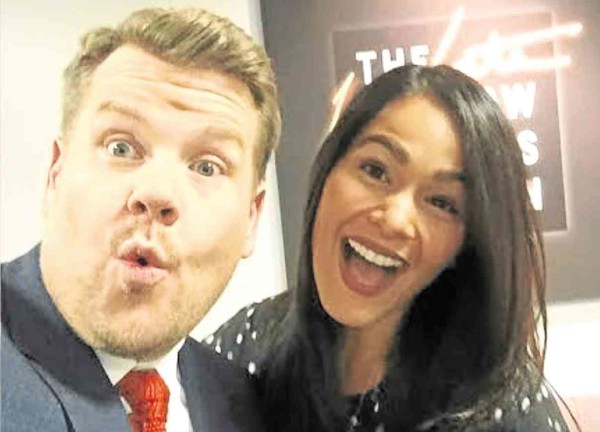 IZA Calzado (right) with James Corden        PHOTO FROM HER FACEBOOK PAGE