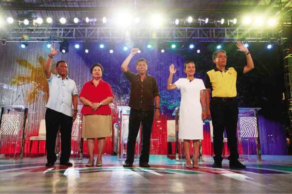 THE CANDIDATES (from left): Jejomar Binay, Miriam Defensor-Santiago, Rodrigo Duterte, Grace Poe and Mar Roxas