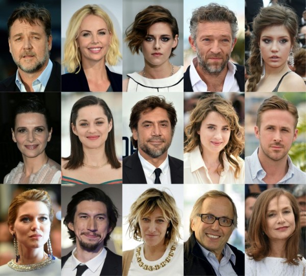  This combination of file pictures created on April 14, 2016 shows (from top L) New Zealand-born Australian actor Russell Crowe, South African and US actress Charlize Theron, US actress Kristen Stewart, French actor Vincent Cassel, French actress Adele Exarchopoulos, French actress Juliette Binoche, French actress Marion Cotillard, Spanish actor Javier Bardem, French actress Adele Haenel, Canadian actor Ryan Gosling, French actress Lea Seydoux, US actor Adam Driver, Italian actress and director Valeria Bruni Tedeschi, French actor Fabrice Luchini, French actress Isabelle Huppert.  The organisers of the Cannes film festival unveiled on April 14, 2016 the list of the 20 movies which will be shown in competition for the Palme d'Or next month. / AFP PHOTO