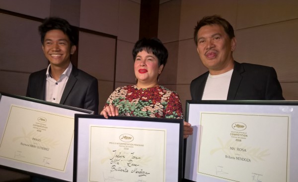 Young director Raymond Gutierrez, actress Jaclyn Jose, and director Brillante Mendoza shows to media their award certificates from Cannes Film Festival. ARVIN MENDOZA, INQUIRER.net