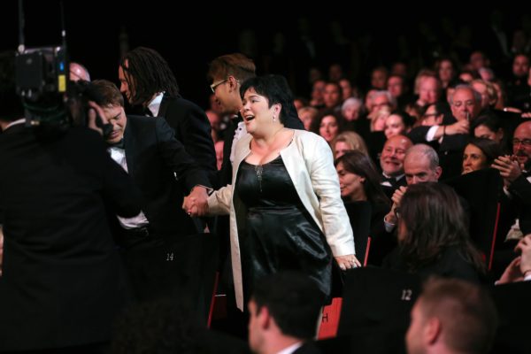 Actress Jaclyn Jose, centre, reacts after winning the Best Actress award for the film Ma' Rosa, at the awards ceremony at the 69th international film festival, Cannes, southern France, Sunday, May 22, 2016. (AP Photo/Thibault Camus)