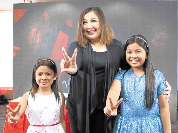 SHARON Cuneta (center) with “The Voice Kids” winners, Lyca Gairanod (left) and Elha Nympha